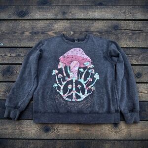 Forever21 Mushroom Crew Neck Sweater Charcoal Gray Psychedelic Xs / S Peace Sign
